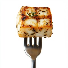 Grilled halloumi cheese on fork with herbs on white background