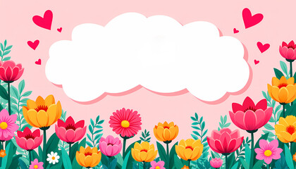 Colorful floral border with heart accents on pink background for love and celebration themes