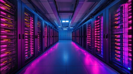 Fototapeta premium A modern data center with illuminated server racks, showcasing advanced technology infrastructure.
