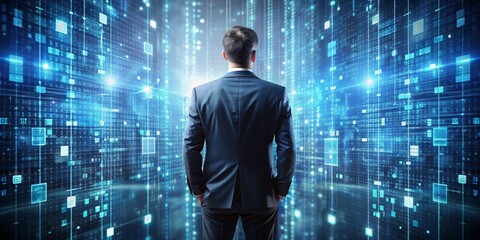 The Future of Business A Man in Suit Faces a Wall of Data and Digital Code