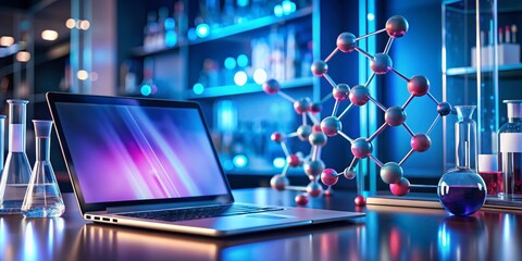The Future of Chemistry A Laptop, Beaker, and Molecular Model in a Vibrant Lab