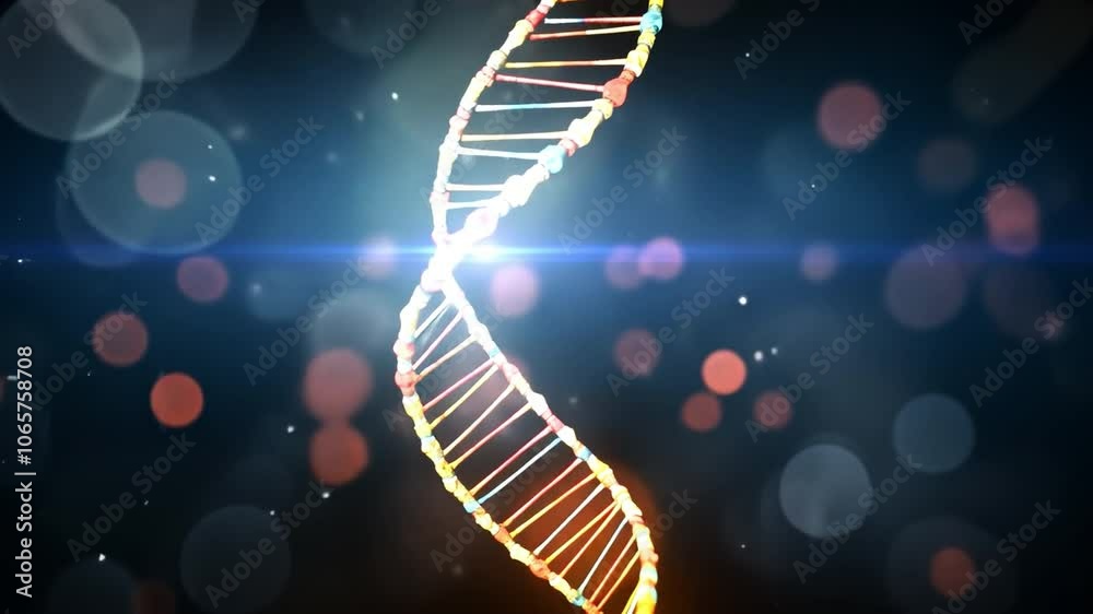 Poster dna double helix: a vibrant illustration of the dna double helix, shimmering with colorful light aga