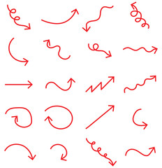 Hand drawn thin line arrows set. Many vector curvy and wavy arrows isolated on white background.