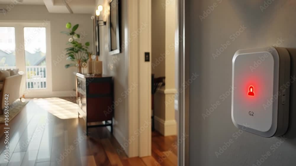 Poster the living area showcases a smart security device on the wall, illuminated with a red lock indicator