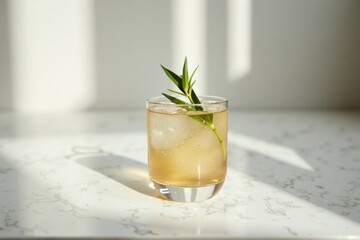 Refreshing herbal cocktail with ice and garnish on a bright countertop in natural light