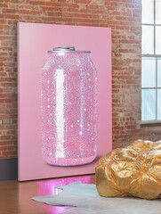 Close up photo of a large canvas artwork with a retro soda can crafted from pink rhinestones,...