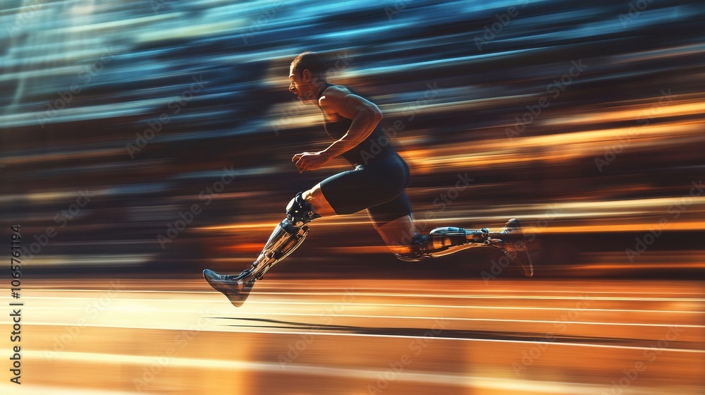 Poster a determined athlete runs with a prosthetic leg on a track, showcasing speed and resilience during a