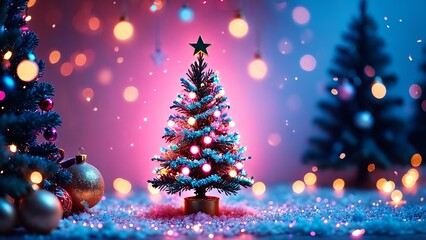 Obraz premium Festive christmas tree with colorful lights and ornaments in a winter wonderland