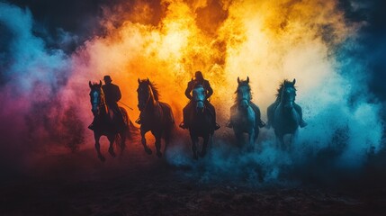 Fototapeta premium Dynamic scene of four riders on galloping horses amidst colorful smoke and dramatic lighting.