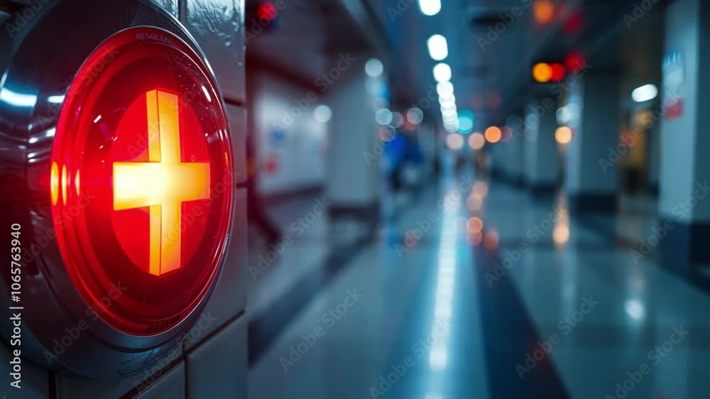 Poster a bright red emergency alert light shines prominently in a subway corridor during the evening. passe