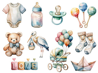 A watercolor baby shower clipart bundle (baby socks, bottle, balloons, pacifier, stork,teddy bear, paper boat and etc)  on transparent background