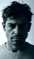 Obraz premium Abstract blurry portrait of a depressed man with mental personality disorders. Black and white with 3D glitch virtual reality effect isolated with white highlights, png