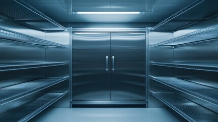 Obraz premium A metallic, empty refrigerator with double doors and shelving, suggesting storage use.