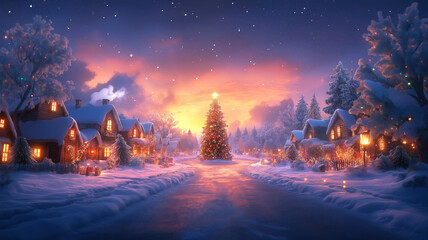 Naklejka premium Magical Christmas village scene with snow-covered cottages and illuminated Christmas tree at sunset, creating a cozy winter wonderland under starry twilight sky.