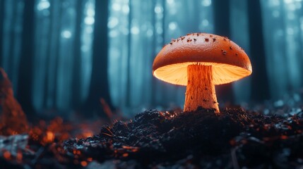 A glowing mushroom illuminates the forest floor, surrounded by tall trees and mist, creating a mystical atmosphere in nature.