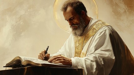 
Devoted Saint John Chrysostom in scholarly dedication, writing theological works, peaceful study, beige background, Biblical Illustration