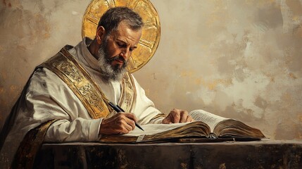 
Devoted Saint John Chrysostom in scholarly dedication, writing theological works, peaceful study, beige background, Biblical Illustration