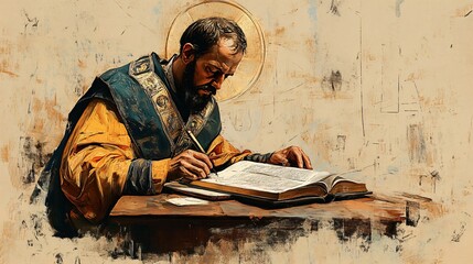 
Devoted Saint John Chrysostom in scholarly dedication, writing theological works, peaceful study, beige background, Biblical Illustration