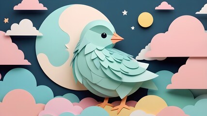 Obraz premium cute origami chick sitting on a cloud with pastel night sky, stars, and moon for design resources