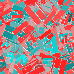 Layered rectangles seamless pattern in shades of teal, red and pink, dynamic and abstract geometric design. Overlapping shapes, depth and energy, for modern textiles, wallpapers.