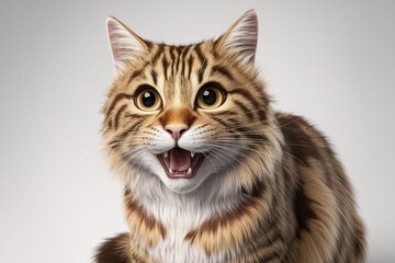 Obraz premium Playful Tabby Cat Portrait: A captivating portrait of a tabby cat with a playful expression. Its wide eyes and open mouth convey a sense of curiosity and joy. A perfect image for pet-related projects.