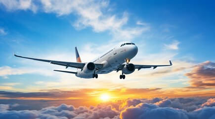 Obraz premium airplane in the blue sky, airplane in the sky, flying airplane in the air, close-up of a airplane