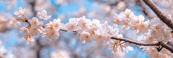 Obraz premium 桜が咲く春の公園でひかりを受ける淡いピンク色の花々の景色