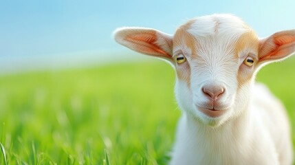 Fototapeta premium A curious goat gazes at the camera on a sunny summer day in a lush green farm setting