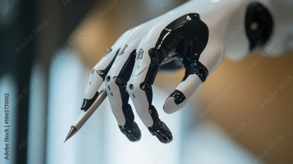 Leinwandbilder a robotic prosthetic hand is gripping a pen, demonstrating advanced functionality and precision in a