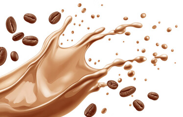 Obraz premium Milk coffee splashes and coffee beans on a transparent background, vector illustration in PNG format