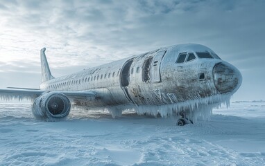 Fototapeta premium Stranded Ice-Covered Airplane on Snowy Runway — Winter Storm Challenges in Canada, Suitable for Christmas and New Year