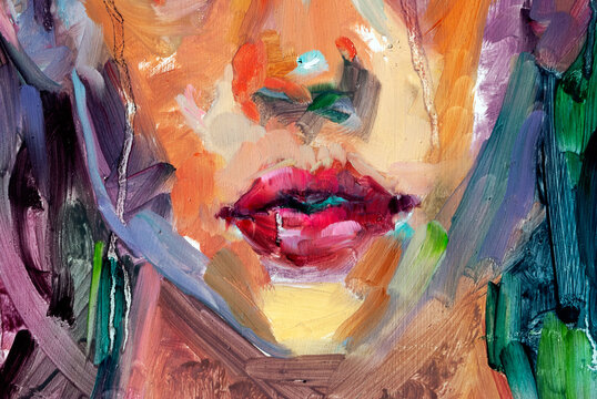 Expressive oil painting portraiture of a woman front face with splatter and splash of ink and colors