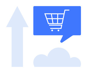 Arrow pointing upwards next to a blue speech bubble with a shopping cart above a cloud. Ideal for ecommerce, online shopping, business growth, technology, cloud computing, sales increase, market