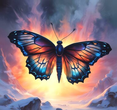 Illustration of flying baterfly with dramatic backgorund