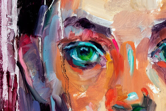Expressive oil painting portraiture of a woman front face with splatter and splash of ink and colors