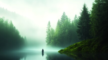 A solitary figure stands amidst a mystical scene of a foggy river surrounded by lush green trees. The landscape evokes a sense of mystery, serenity, and the power of nature.