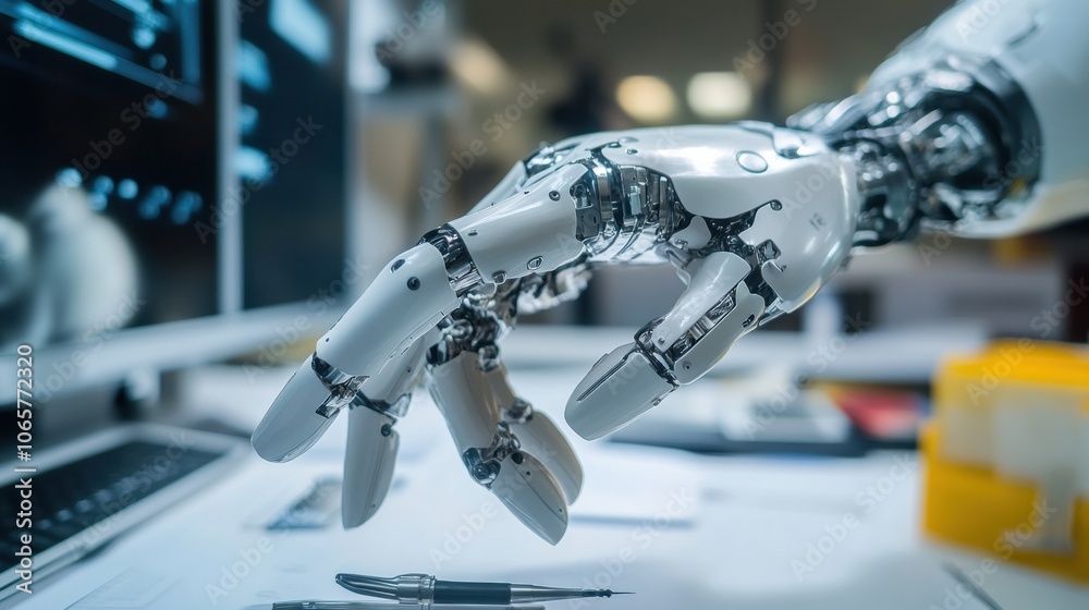Leinwandbilder the robotic prosthetic hand demonstrates precision as it firmly grips a small object in a contempora
