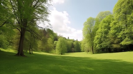 Fototapeta premium Lush Green Forest Landscape in Bright Sunshine