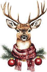 Watercolor reindeer in a scarf and with Christmas tree ornaments