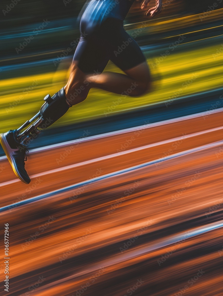 Aufkleber an athlete is sprinting on a track with a prosthetic leg, demonstrating speed and resilience in a co