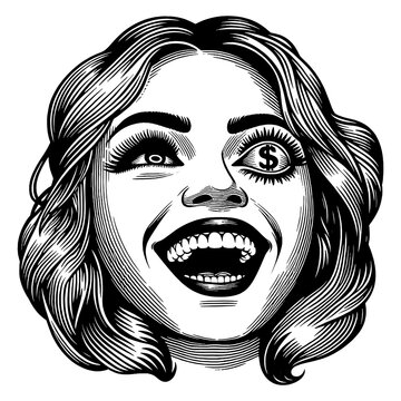 recommend clip art: excited woman with a dollar sign in her eye, symbolizing greed or money obsession sketch engraving generative ai fictional character PNG illustration. Scratch board imitation. Black and white image