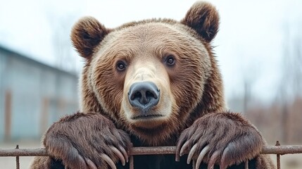 Curious brown bear peers through iron bars at a zoo, showcasing its powerful presence against a modern glass backdrop