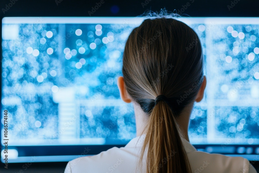 Aufkleber female scientist analyzing data on monitors in high-tech observatory - perfect for international wom