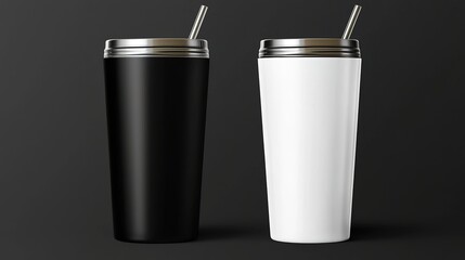 Two stylish reusable tumblers, one black and one white, with stainless steel lids and straws, set against a dark background.