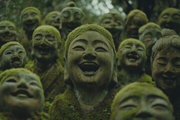 Fototapeta premium 笑顔の石像が茂る静かな森の中で、苔に覆われた仏像たちが安らぎをもたらす