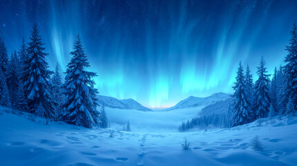 Northern Lights Over Snowy Forest and Mountains
