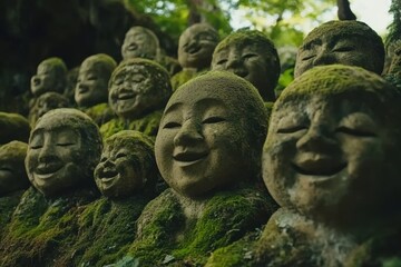 Fototapeta premium 苔むした石像が並ぶ風景、静かな寺院の中で、自然に囲まれた神聖な雰囲気が漂う