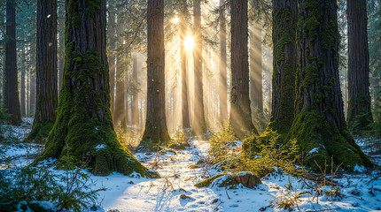 Sunlight Filtering Through Snowy Forest Trees