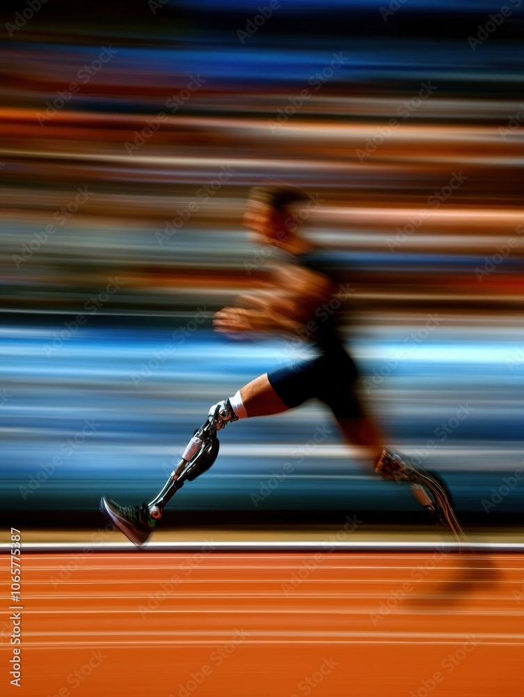 Poster an athlete with a prosthetic leg runs swiftly on a track, showcasing determination and speed in a co