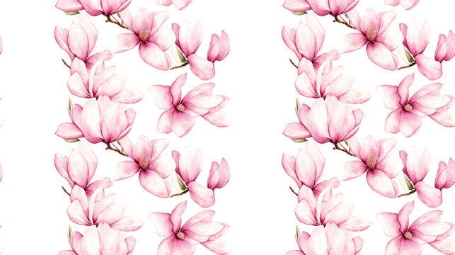 Seamless watercolor pattern featuring decorative corners adorned with pink Magnolia flowers ideal for personalized stationery design
